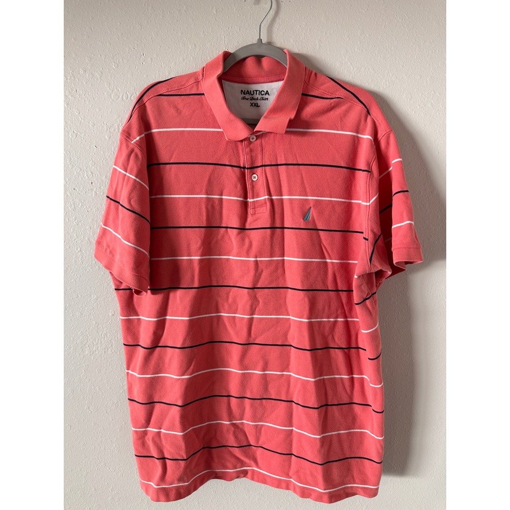 Nautica True Deck Polo Shirt Mens XXL Coral Salmon Striped Short Sleeve Cotton
